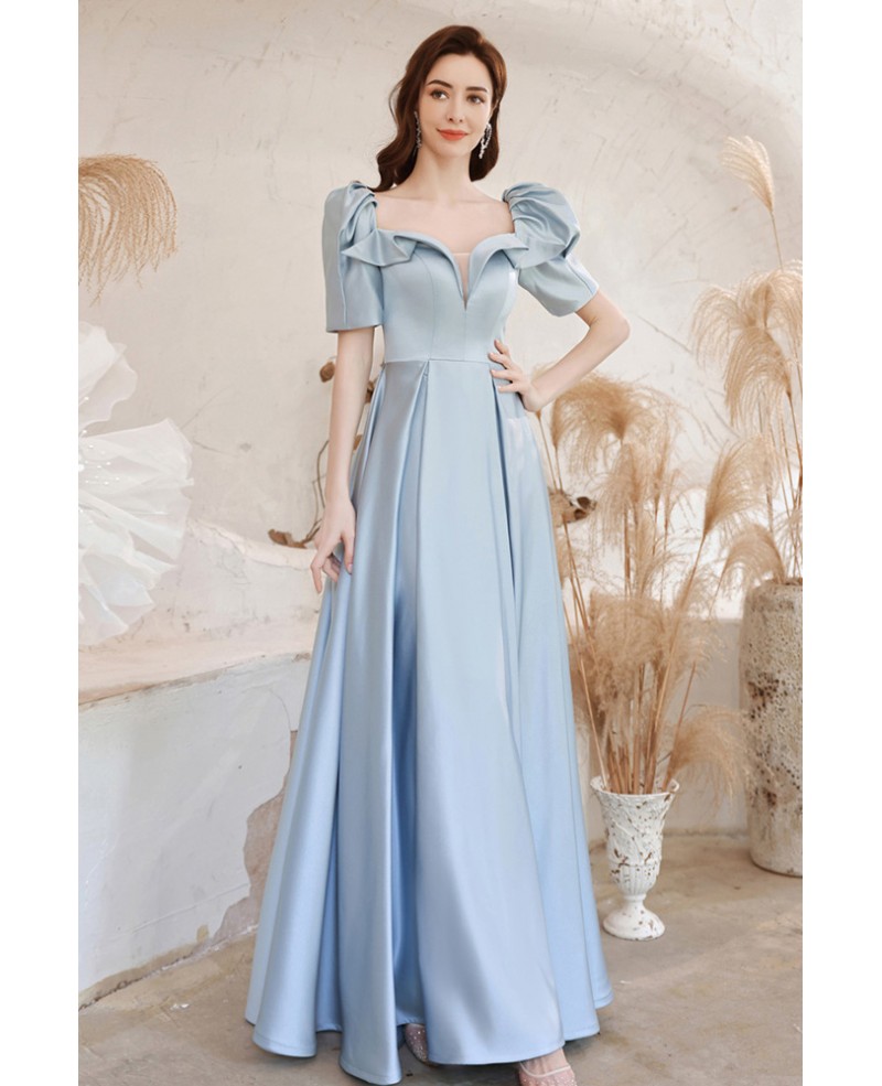 Navy Blue Tulle Shiny Half Sleeves Floor Length Long Prom Dresses, Nav –  Lwt Dress