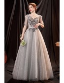 Modest Grey Tulle Ball Gown Prom Dress with Short Sleeves Blings