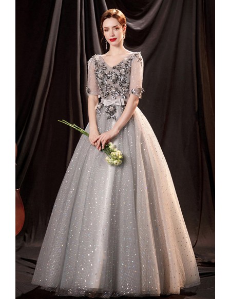 Modest Grey Tulle Ball Gown Prom Dress with Short Sleeves Blings
