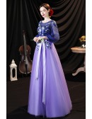 Beautiful Blue Purple Modest Prom Dress with Long Sleeves Appliques