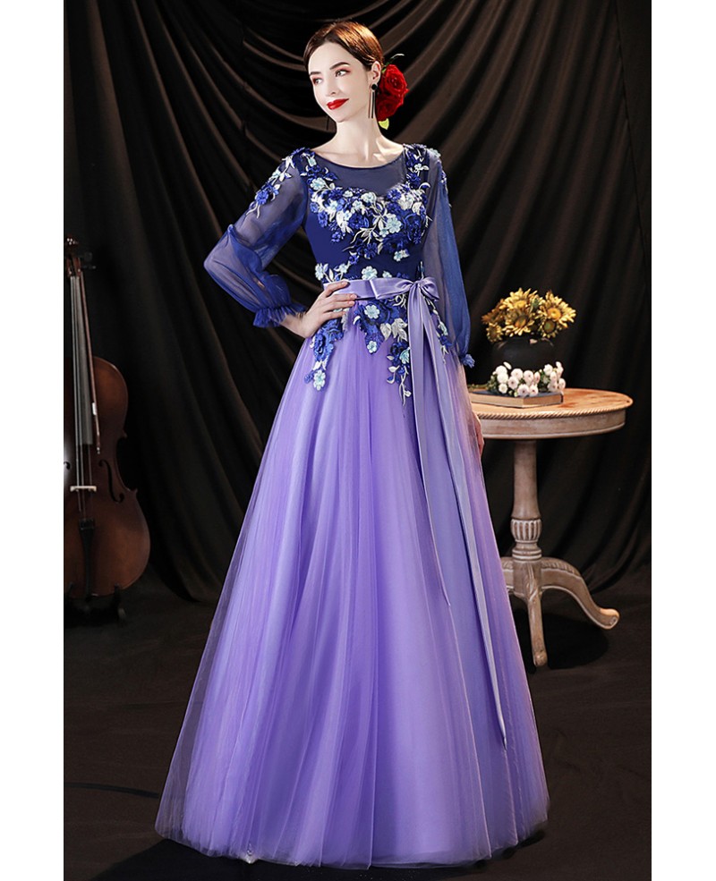 Beautiful Blue Purple Modest Prom Dress with Long Sleeves Appliques ...