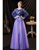 Beautiful Blue Purple Modest Prom Dress with Long Sleeves Appliques