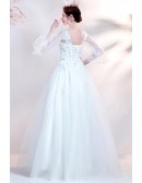 Modest Vneck Ball Gown Ivory Wedding Dress with Sheer Sleeves