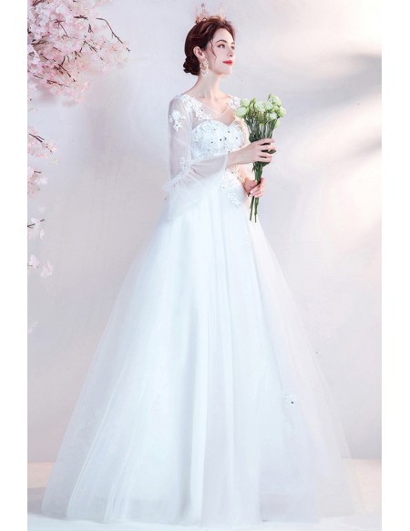 Modest Vneck Ball Gown Ivory Wedding Dress with Sheer Sleeves
