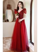 Gorgeous Vneck Beaded Red Aline Long Prom Dress with Cute Bubble Sleeves