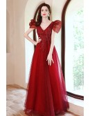 Gorgeous Vneck Beaded Red Aline Long Prom Dress with Cute Bubble Sleeves