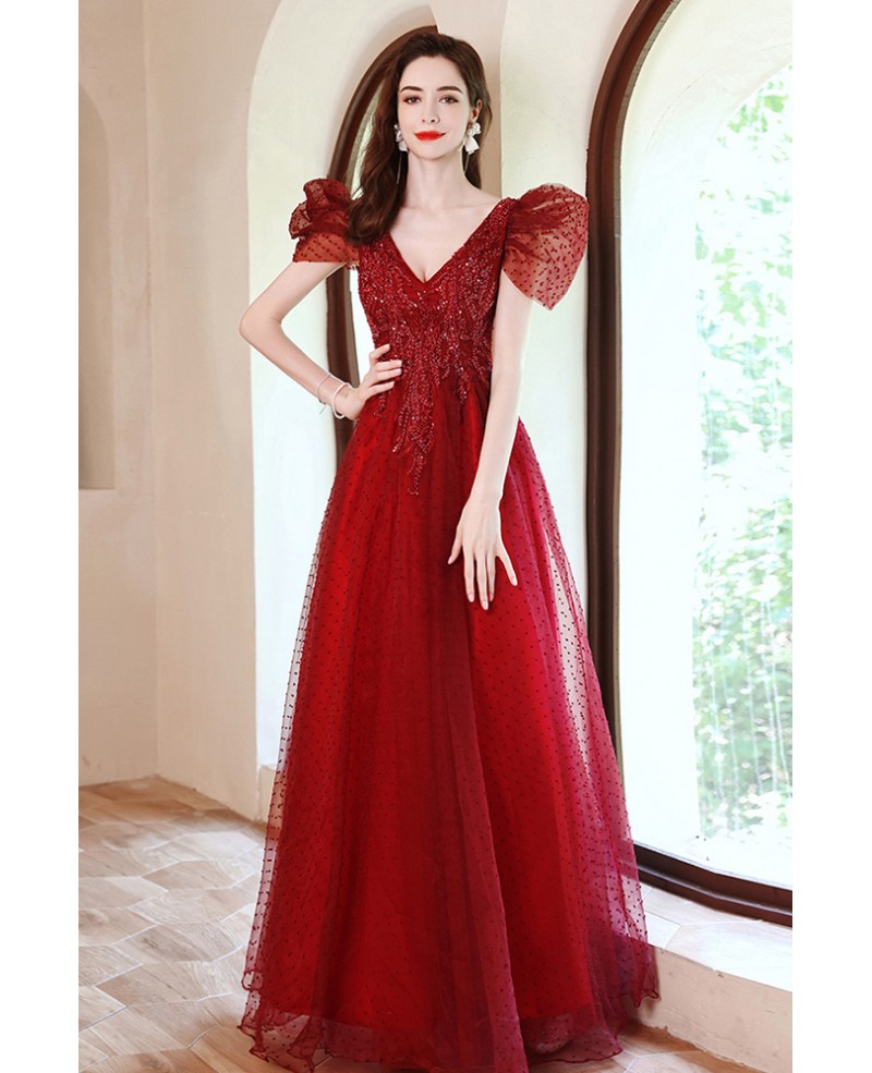 Gorgeous Vneck Beaded Red Aline Long Prom Dress with Cute Bubble ...