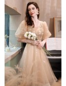 Champagne Gold Bling Sequins Knee Length Party Prom Dress with Bubble Sleeves