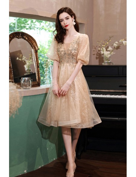 Champagne Gold Bling Sequins Knee Length Party Prom Dress with Bubble Sleeves