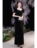 Long Black Sequined Bling Evening Formal Dress with Bubble Sleeves