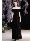Long Black Sequined Bling Evening Formal Dress with Bubble Sleeves