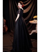 Noble Long Black Lace Vneck Prom Dress with Short Sleeves