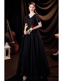 Noble Long Black Lace Vneck Prom Dress with Short Sleeves