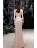 Stunning Champagne Gold Sequined Evening Prom Dress Mermaid with Jeweled Neckline
