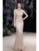 Stunning Champagne Gold Sequined Evening Prom Dress Mermaid with Jeweled Neckline