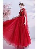 Elegant Red Tulle Aline Prom Dress with Bling Sequins Cape