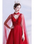 Elegant Red Tulle Aline Prom Dress with Bling Sequins Cape