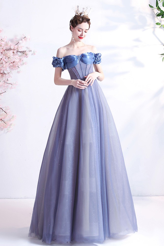 Gorgeous Blue Off Shoulder Ballgown Prom Dress with Bling Sequins ...