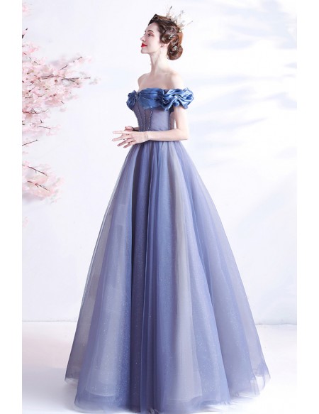 Gorgeous Blue Off Shoulder Ballgown Prom Dress with Bling Sequins