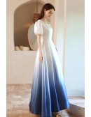 Ombre Blue And White Pleated Aline Prom Dress with Square Neckline