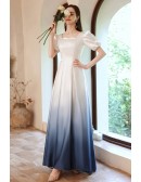 Ombre Blue And White Pleated Aline Prom Dress with Square Neckline