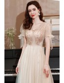 Elegant Champagne Vneck Aline Tulle Prom Dress with Short Sleeves