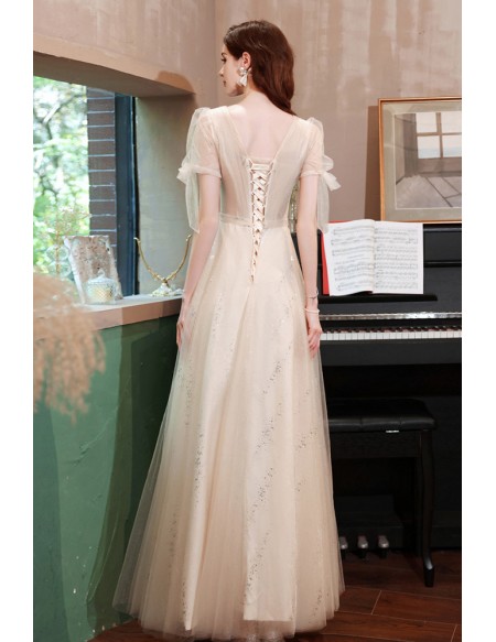 Elegant Champagne Vneck Aline Tulle Prom Dress with Short Sleeves