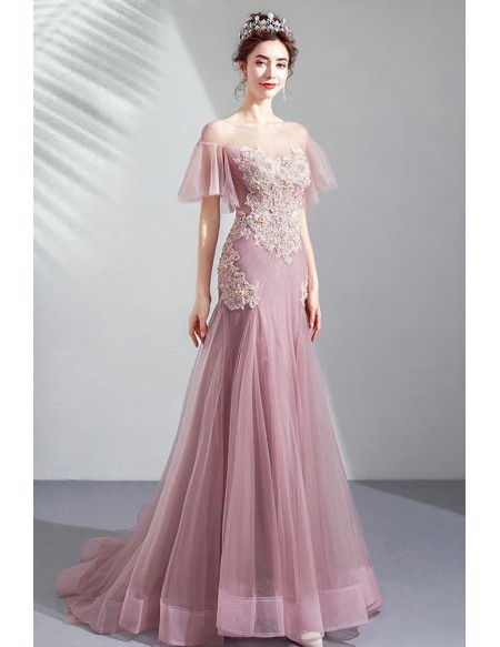 Beautiful Pink Mermaid Tulle Prom Dress with Beaded Flowers