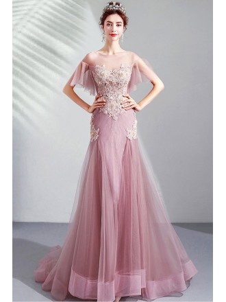 Beautiful Pink Mermaid Tulle Prom Dress with Beaded Flowers