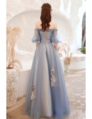 Blue Off Shoulder Beautiful Flowers Fairy Prom Dress with Sash