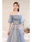 Blue Off Shoulder Beautiful Flowers Fairy Prom Dress with Sash