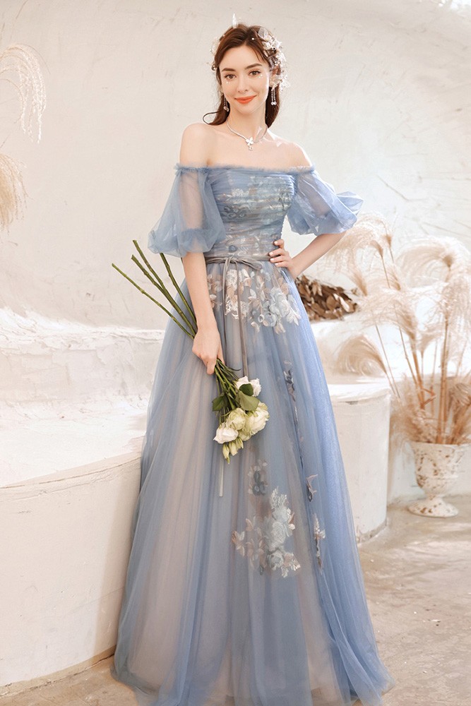 Blue Off Shoulder Beautiful Flowers Fairy Prom Dress with Sash ...