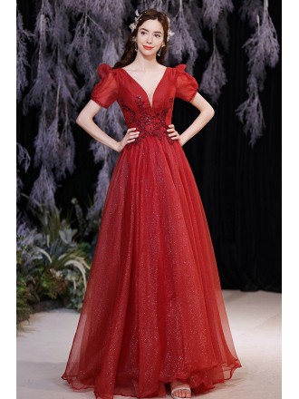 Elegant Vneck Red Bling Prom Dress Sequined with Bubble Sleeves