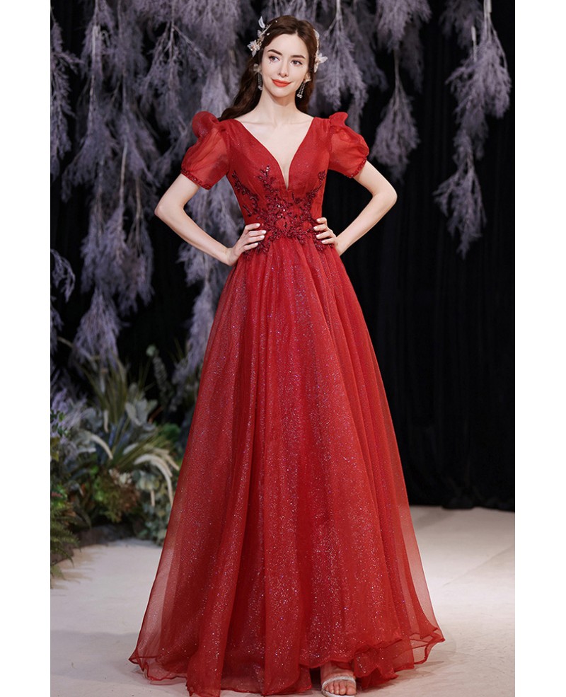 Elegant Vneck Red Bling Prom Dress Sequined with Bubble Sleeves ...