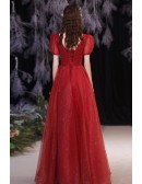 Elegant Vneck Red Bling Prom Dress Sequined with Bubble Sleeves