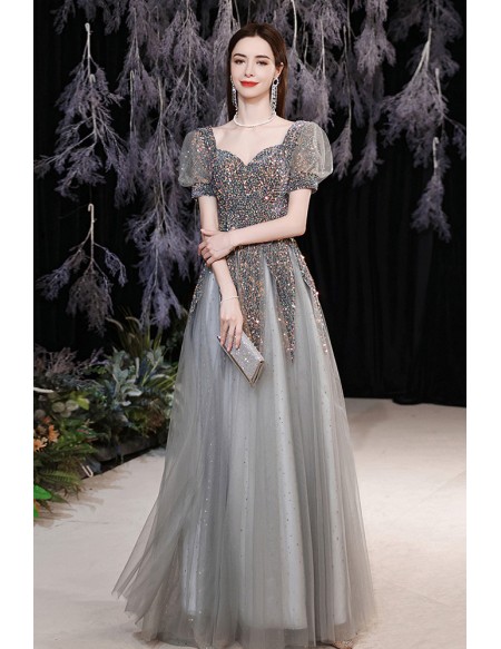 Bling Sequins with Grey Tulle Aline Prom Dress with Bubble Sleeves