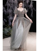Bling Sequins with Grey Tulle Aline Prom Dress with Bubble Sleeves