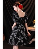 Black Short Party Hoco Dress Aline with Star Patterns Bubble Sleeves