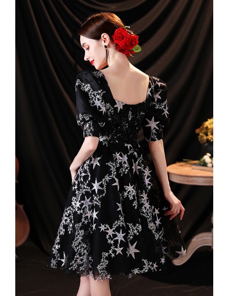 Black Short Party Hoco Dress Aline with Star Patterns Bubble Sleeves