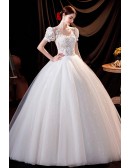 Fairytale Bling Ballgown Tulle Wedding Prom Dress Princess with Lace Short Sleeves