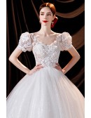 Fairytale Bling Ballgown Tulle Wedding Prom Dress Princess with Lace Short Sleeves