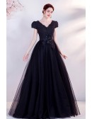 Gothic Long Black Ballgown Formal Prom Dress Vneck with Cap Sleeves