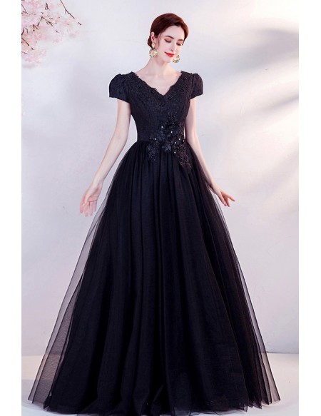 Gothic Long Black Ballgown Formal Prom Dress Vneck with Cap Sleeves ...