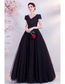 Gothic Long Black Ballgown Formal Prom Dress Vneck with Cap Sleeves