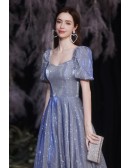 Blue Bling Square Neck Aline Prom Dress with Bubble Sleeves