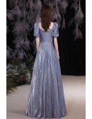 Blue Bling Square Neck Aline Prom Dress with Bubble Sleeves