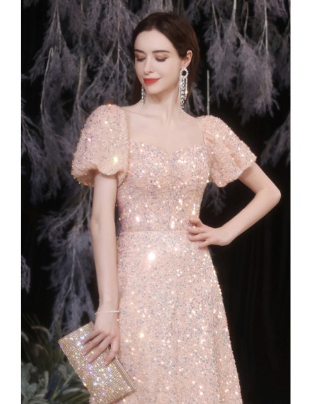 Pink Sequins Bling Aline Prom Party Dress Square Neck with Short Sleeves