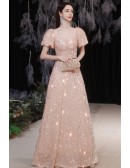 Pink Sequins Bling Aline Prom Party Dress Square Neck with Short Sleeves