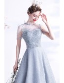 Silver Bling Sequined Gorgeous Prom Dress with Illusion Short Sleeves