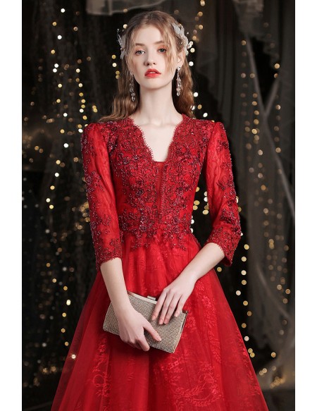 Vneck Sequined Lace Modest Short Knee Length Party Dress with Half Sleeves